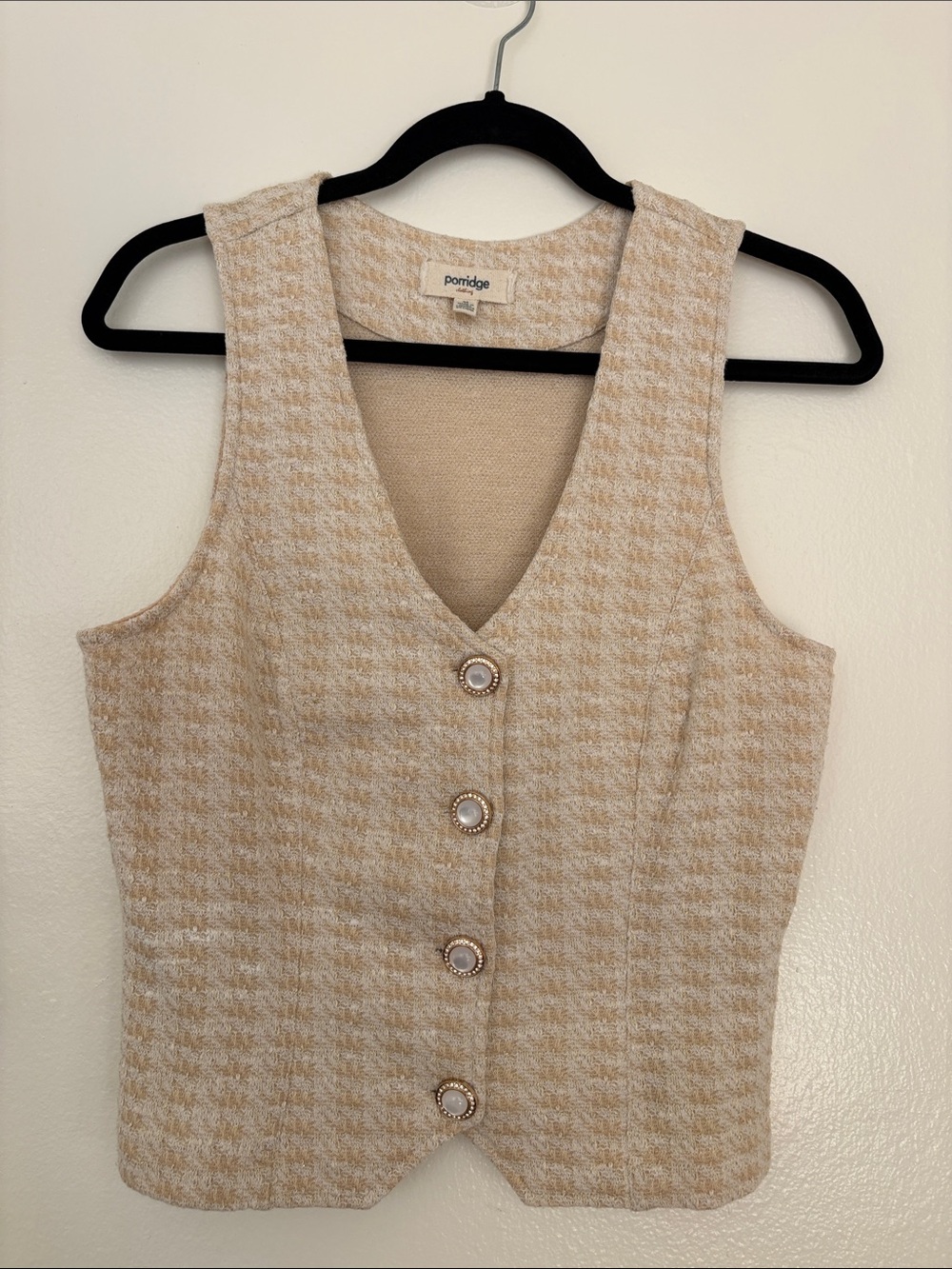 Porridge Beige Houndstooth Button Vest